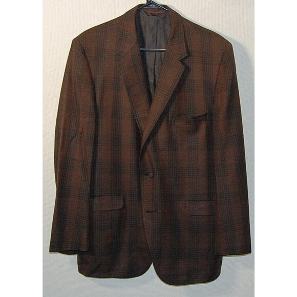 Vintage Hart Schaffner Marx Blazer 44R Pure Virgin Wool Burgundy Black Tartan - Picture 1 of 9